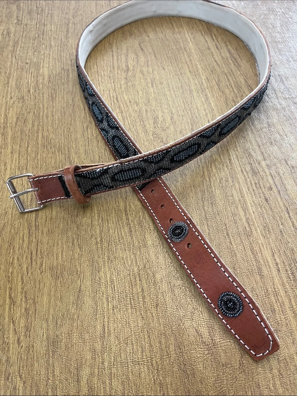 Artisan Crafted Brown Leather Belt with Stunning Solid Beaded Design